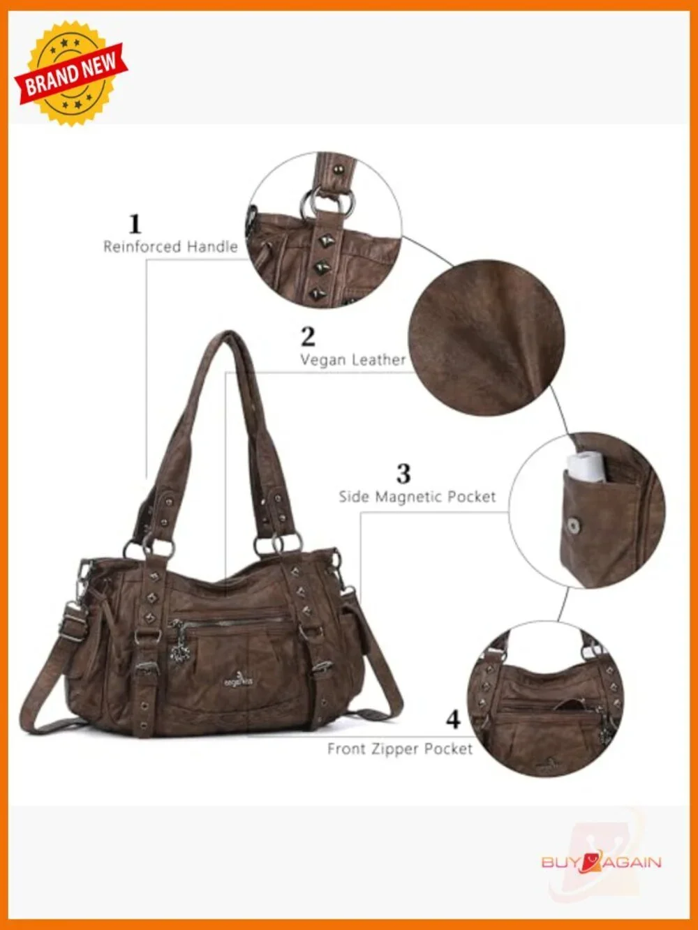 Retro Vegan Leather Hobo Bag Multi-Pocket Satchel Tote with Detachable Strap